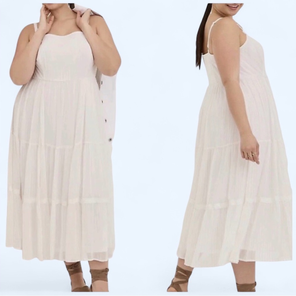 Torrid White Gold Stripe Tiered Midi Dress Boho Cottagecore Vacation Sz 1 NWT